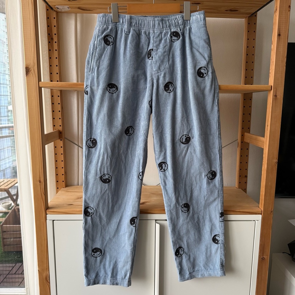 UO Blue Corduroy Men's Pants with Yin-Yang Design